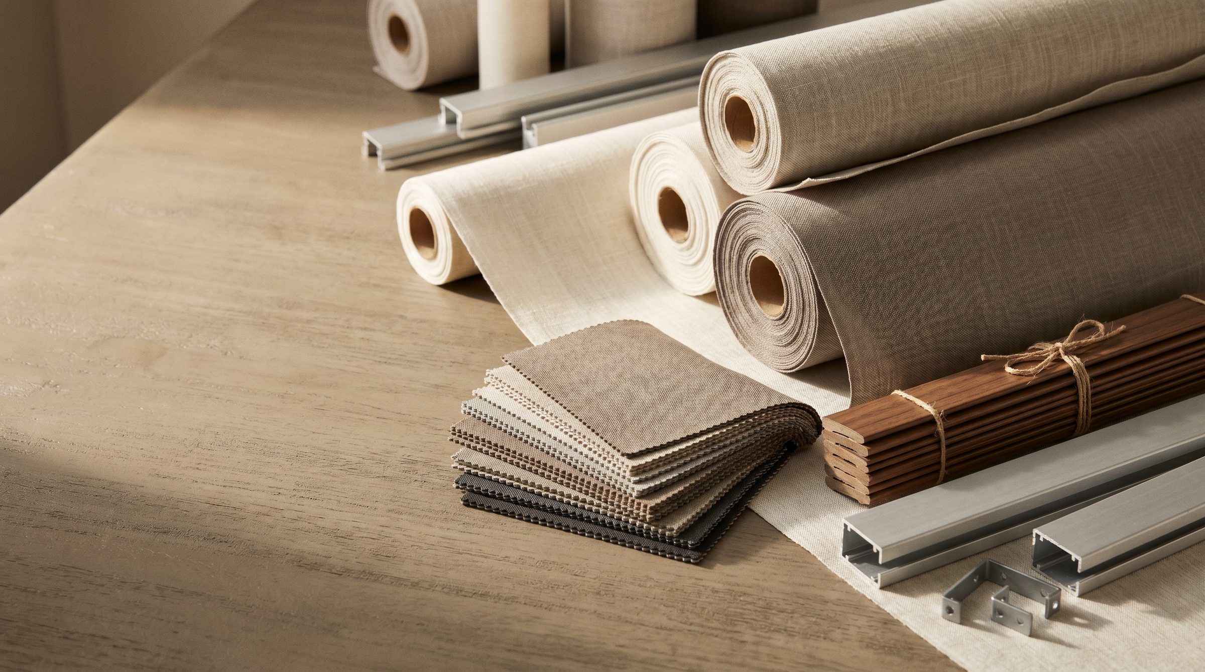 Rolls of neutral window-covering fabric, fabric swatches, wood blind slats, and aluminum headrails on a wood worktable