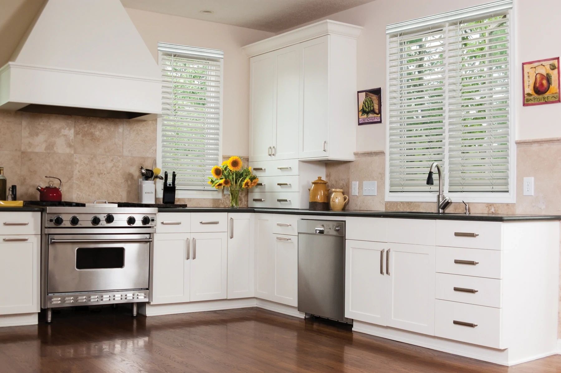 Faux wood blinds in a bright, modern kitchen